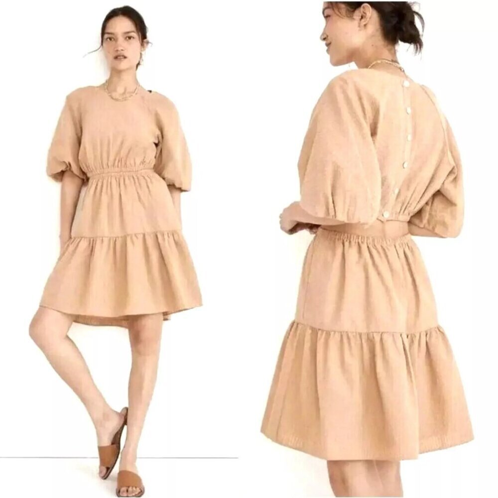 Madewell Sz M Seersucker Dress Cut Out Mini Tiered Puff-Sleeve Stretchy Waist